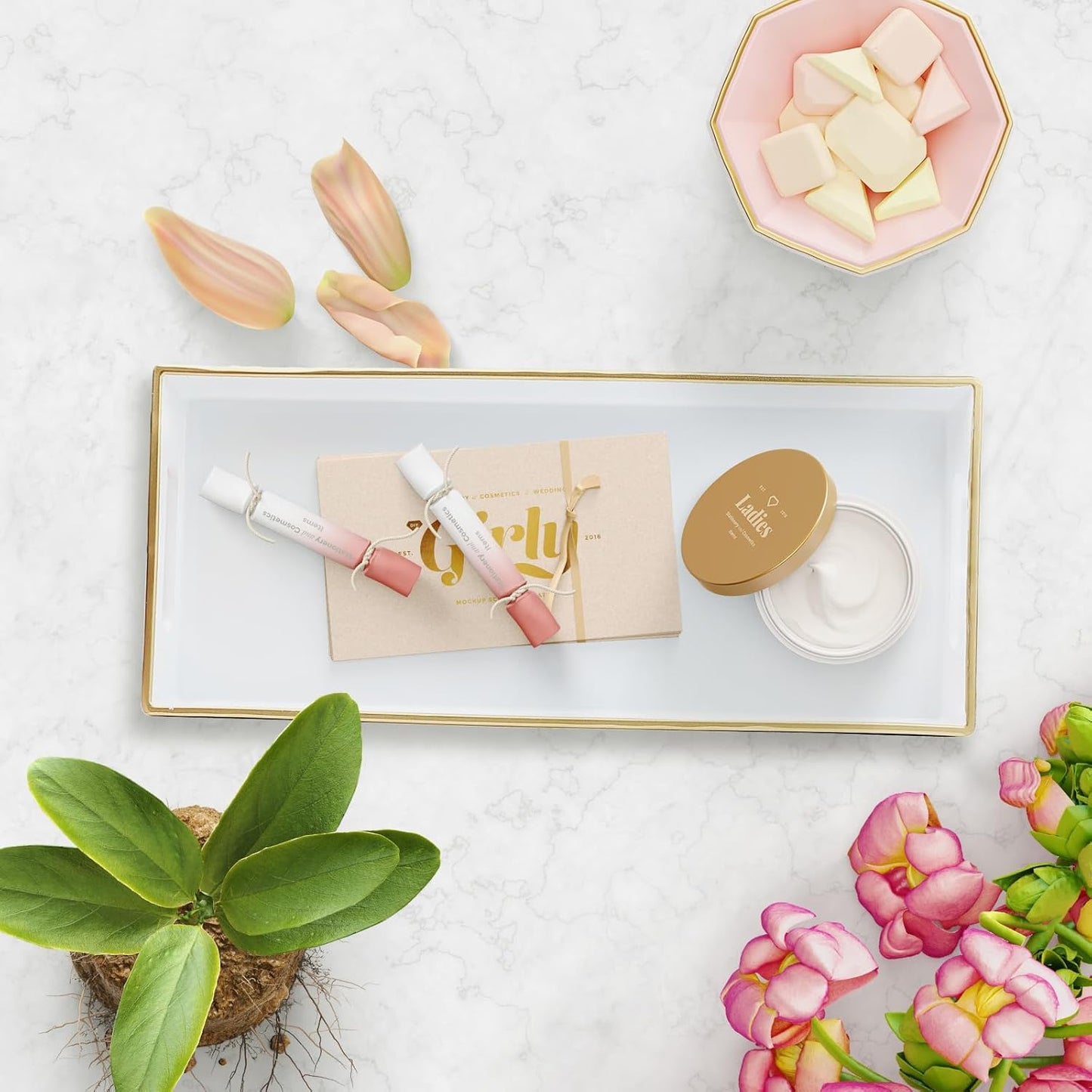 White Bathroom Vanity Tray for Countertop, Small Plastic Toilet Tank Versatile Storage & Organization Tray for Makeup, Perfume, Desk, Kitchen, Candles, 13.7"x6"x1.4", 35W