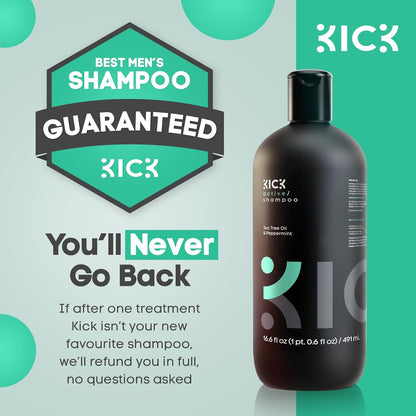 Kick Mens Shampoo - Peppermint & Tea Tree for Oil Control - Sulfate-Free, Refreshing Formula - Anti-Dandruff and Scalp Soothing - Shampoo for Oily Hair - Cruelty-Free - 16.6oz