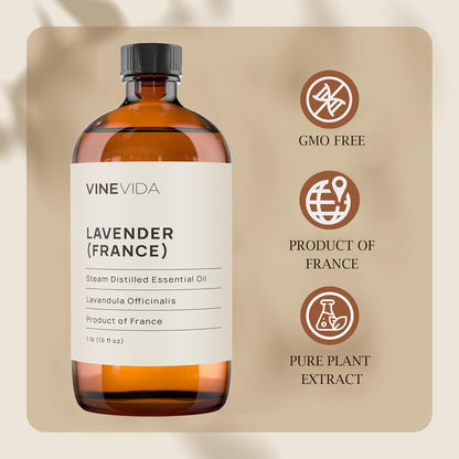 VINEVIDA Lavender France Essential Oil 16 oz - Undiluted Lavender Oil 16 oz - Lavender Candle Oil Scent - DIY Candle Scents for Candlemaking - Bulk Essential Oil for Soap Making Safe for Skin
