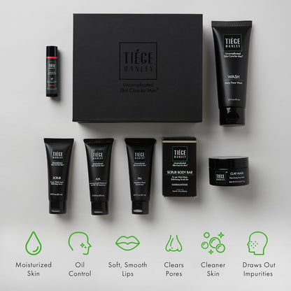 Tiege Hanley Mens Skin Care Gift Box Set, Silver - Men's Skincare Set Includes Face Wash, AM & PM Facial Moisturizer, Face Clay Mask & Scrub, Body Scrub Bar, & Moisturizing Lip Balm