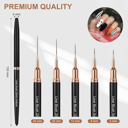 Artdone Metallic Nail Art Pens, Liner Brushes Set, 5PCS Black Color Nail Tools For Long Lines, Thin Details, Fine Drawing, Liner Brush UV Gel Polish Painting Nail Design Sizes 5/8/12/20/25mm