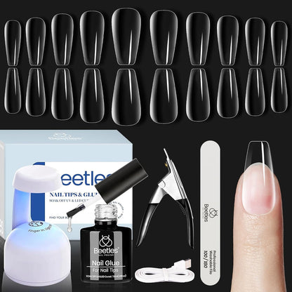 Beetles Soft Gel Nail Kit Medium Coffin Easy Nail Extension Set 5 In 1 Nail Glue Base Coat with Pre shaped Nail Tips and Led Nail Lamp Acrylic Nail Clipper Gifts for Women