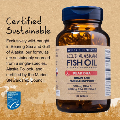 Wiley's Finest Wild Alaskan Fish Oil Peak DHA - 900mg EPA and DHA Omega-3s - 120 Softgels (60 Servings)