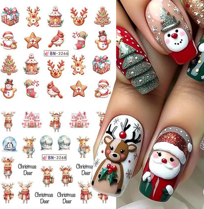 Christmas Nail Art Stickers Snowman Snowflake Water Transfer Nail Decals Xmas Winter Nail Art Decorations Cute Penguin Santa Claus Elk Gingerbread Man Gift Design Nail Foil Sticker for Women DIY Nails