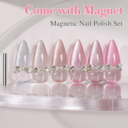 Double Rhythm Cat Eye Gel Nail Polish Set of 6 Same Color Same Bottle 0.5 Oz Shimmer Glitter with Magnet Holographic Reflective Magnetic UV Nail Polish Kit at Home (Silver Nude Pink-T6-42)