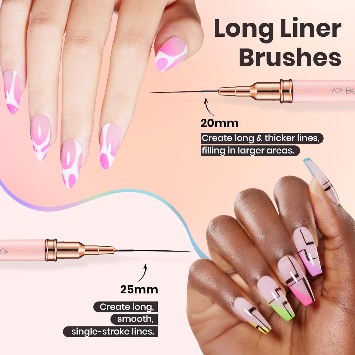 Beetles Gel Polish Nail Art Pens, 5pcs Nail Art Brushes Liner Brushes for Nails Pink Liner Sizes 5/9/15/20/25mm with Palette Holder Painting Manicure Design Tools for Long Lines, Details, Fine Drawing