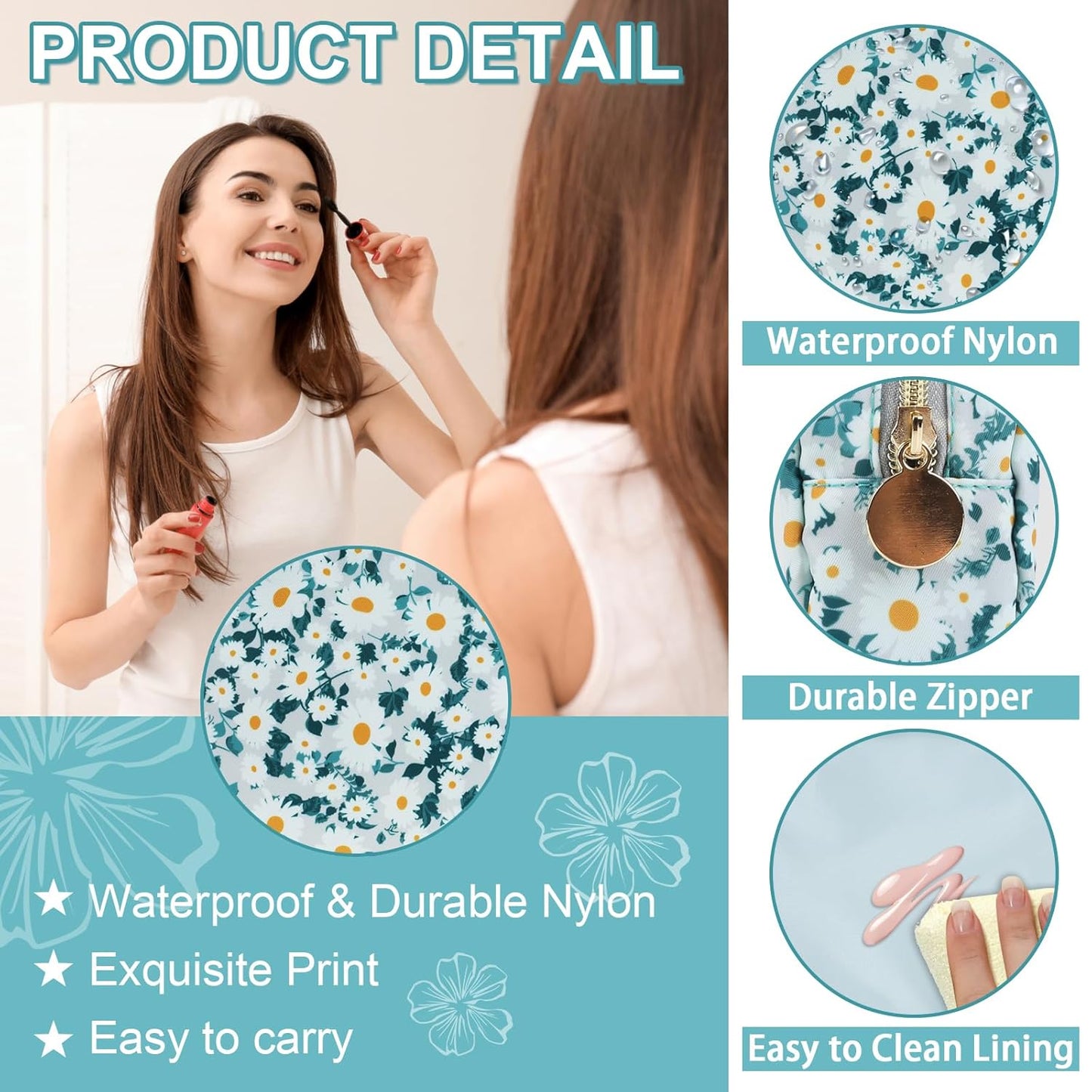 Waterproof Mini Floral Makeup Bag Pouch for Purse,Nylon Flower Cosmetic Travel Bag Small Preppy Toiletry Organizers Bag for Women Girl,Cute Zipper Pouch Coin Purse for Work(Mini Green-Daisy)