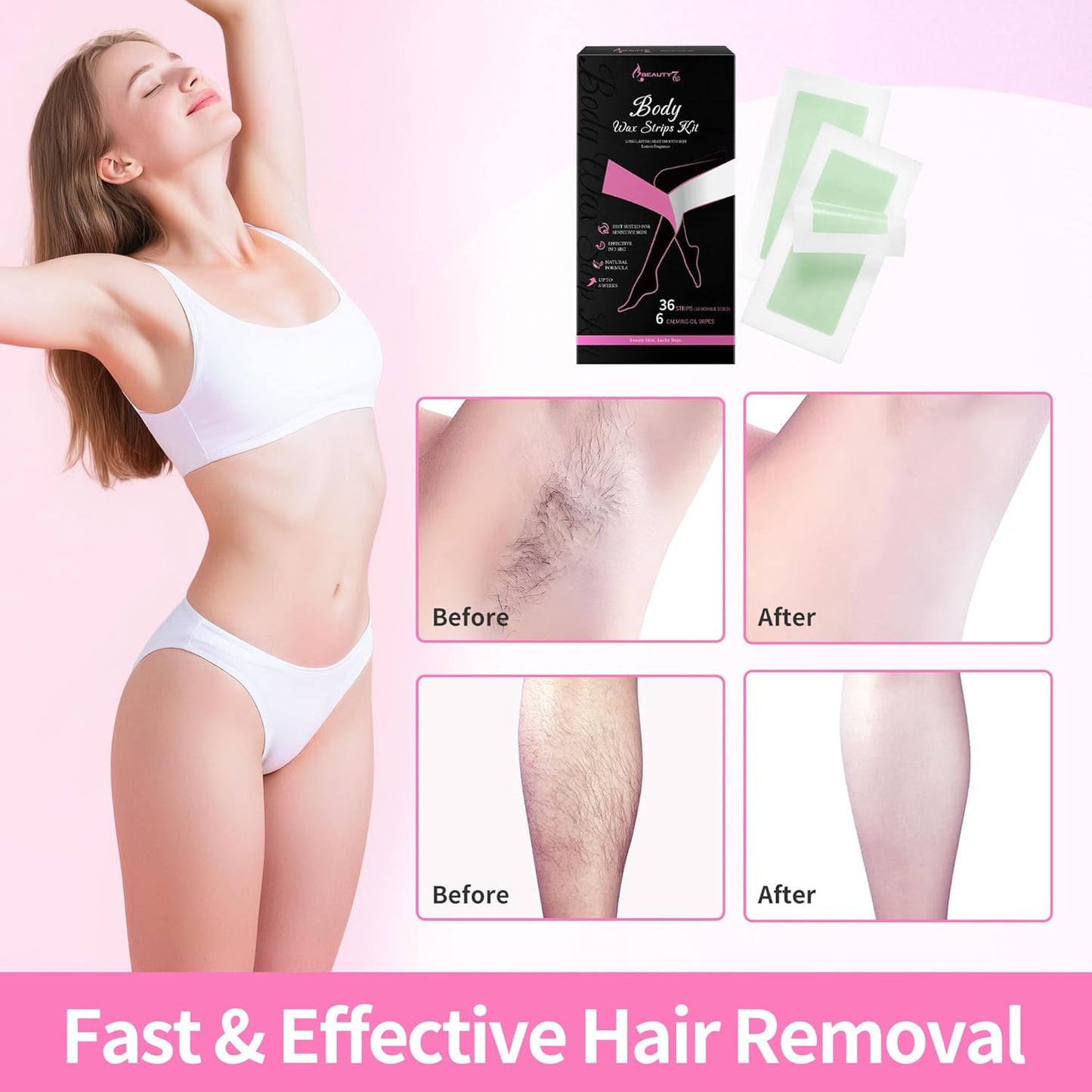 Beauty7 Body Wax Strips Kit, Ready to Use Waxing Strip, Facial Hair Removal, Arms Legs Underarm Bikini Hair Removal, 36 Strips 6 Calming Oil Wipes for All Skin Types