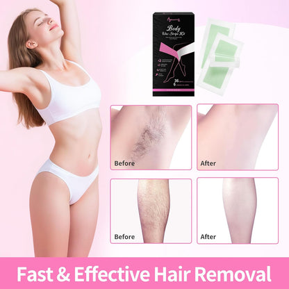 Beauty7 Body Wax Strips Kit, Ready to Use Waxing Strip, Facial Hair Removal, Arms Legs Underarm Bikini Hair Removal, 36 Strips 6 Calming Oil Wipes for All Skin Types