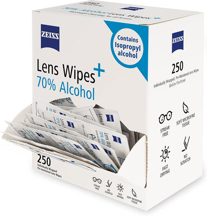 ZEISS Pre-Moistened Lens Cleaning Wipes with 70% Alcohol, 250 Count