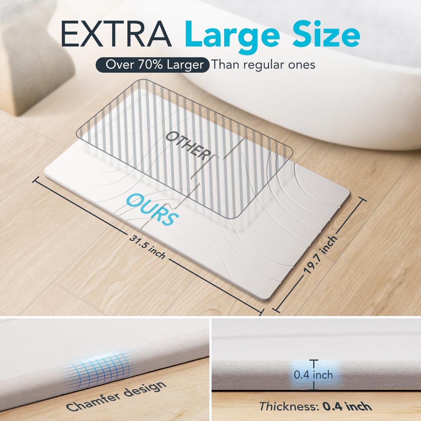 32 * 20 Large Stone Bath Mat for Bathroom Quick Dry Diatomaceous Earth Bath Mat, Non Slip Bathroom Shower Floor Mat Modernized Magic Water Absorbing Diatomite Stone Drying Bathmat White