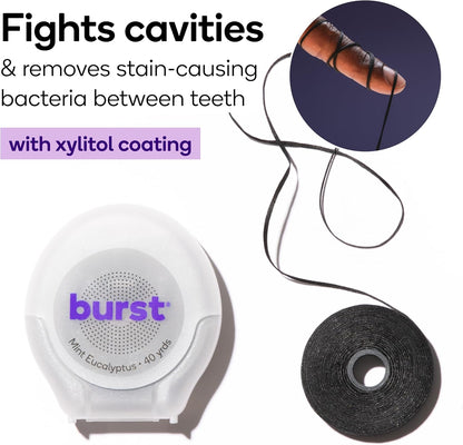 BURST Expanding Dental Floss (Mint Eucalyptus/240 Yards) | Stain Absorbing & Woven with Xylitol Coating to Fight Cavities | Vegan | Paraben Free