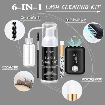 EMEDA Lash Shampoo Kit Cleaning Bath - Eyeash Cleanser for Extensions, USB Mini Portable Fan Brush Wash Bottle, Oil Free Lash Foam Safe for Natural Eyelash Shampoo for Extensions