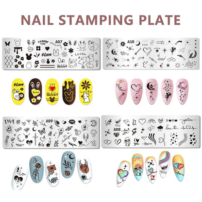 AddFavor Nail Stamper Kit 8pcs Nail Stamping Plates French Geometric Heart Star Image Nail Stencils with Silicone Stamp and Scraper for Women Girls Summer Nail Art Design Supplies Tools