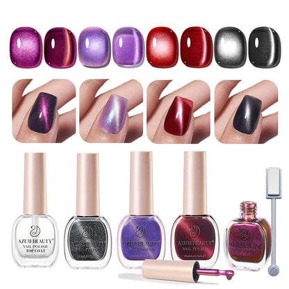 AZUREBEAUTY Cat Eye Nail Polish Set Quick Dry Mooncat Glitter Holographic Purple Black Red 4 Colors Natural Fingernail with Top Coat DIY Salon Home no Gel