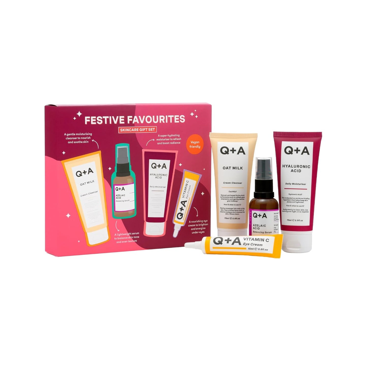 Q+A Festive Favourites Gift Set, containing a Hyaluronic Acid Moisturiser (75ml), an Oat Milk Cream Cleanser (75ml), an Azelaic Acid Serum (30ml), and a Caffeine Eye Serum (15ml)