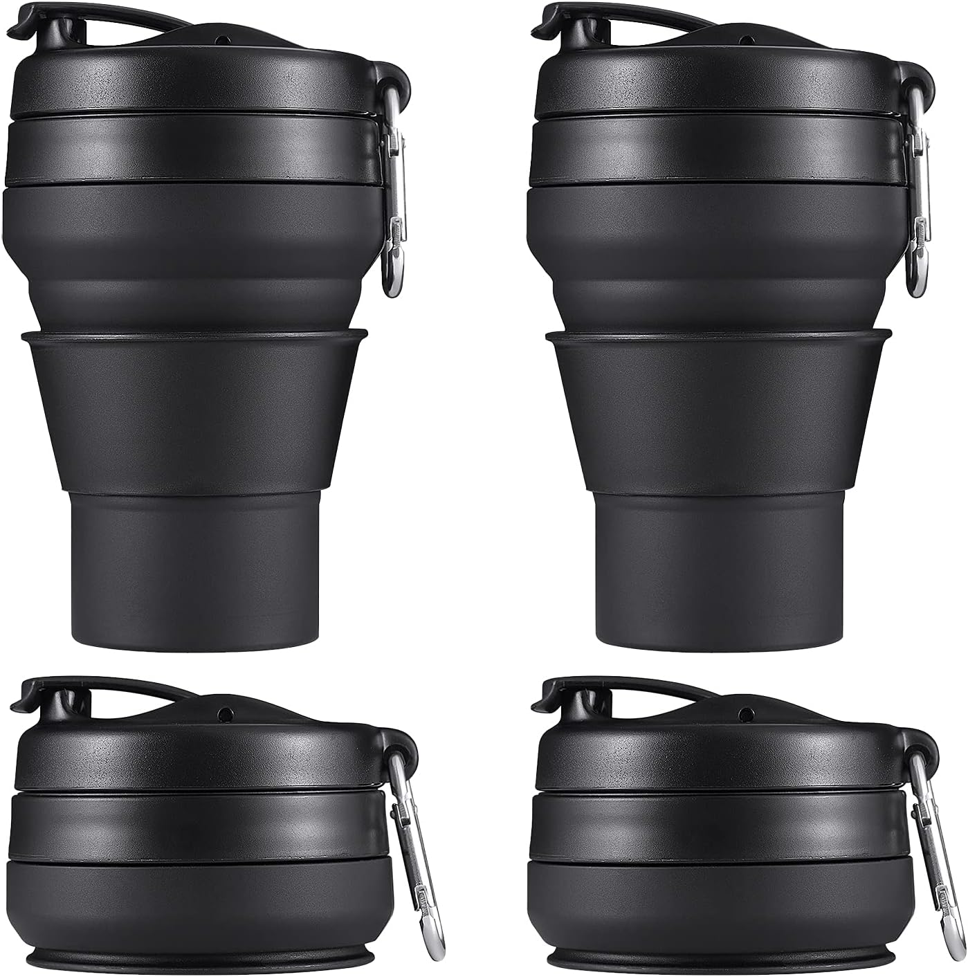 2PACK Collapsible Coffee Cup, 16 OZ 480ml Silicone Folding Camping Mug, Leak Proof BPA Free Portable Sport Bottle with Lids for hiking, Microwave & Dishwasher Safe (Black)