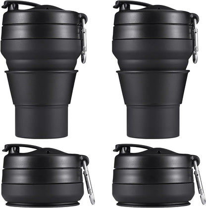 2PACK Collapsible Coffee Cup, 16 OZ 480ml Silicone Folding Camping Mug, Leak Proof BPA Free Portable Sport Bottle with Lids for hiking, Microwave & Dishwasher Safe (Black)