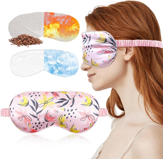 Cooling Eye Mask Silky Satin Sleep Mask with Cold Gel Weighted Microwave Heated Pad Eye Compress for Dry Eyes Care Sleeping Women Man Blackout Blindfold for Migraine Puffy Swollen