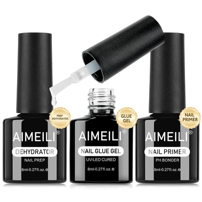 AIMEILI 3Pcs Gel Nail Glue Nail Dehydrator and Primer, Hema Free, Cruelty Free, Vegan, Clear High Gloss Gel Nail Polish Long Lasting Nail Art