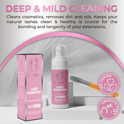 Eyelash Extension Shampoo/ Gentle Foam Cleanser for Lash Extensions & Natural Lashes (Shampoo + Lash Brush)