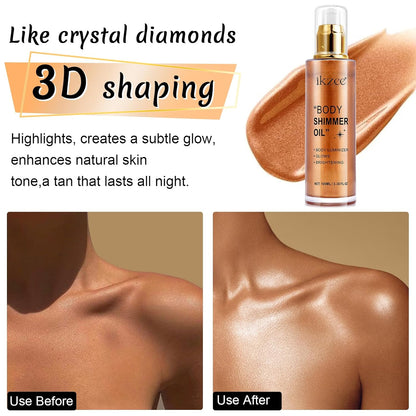 Body Shimmer Oil 100ml, Long Lasting Moisturizing Face & Body Luminizer, Waterproof Liquid Illuminator, Shimmer Glitter Oil Highlighter (#04 Golden Brown)