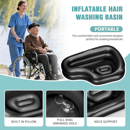 Portable Inflatable Shampoo Basin for Bedridden and Kids - Hair Washing Tray for Sink at Home with Fast-Drain Slope, Neck Support and Drain Hose - Hospital PVC Hair Washing Station (Black, Large)
