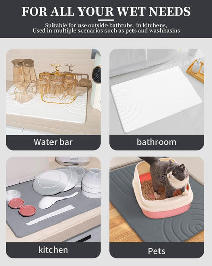 Stone Bath Mat 24"x16" - Diatomaceous Earth Shower Mat, Quick Dry, Anti-Slip, Modern Design with Bonus Non-Slip Pad - Perfect for Home Safety and Style,White,Straight