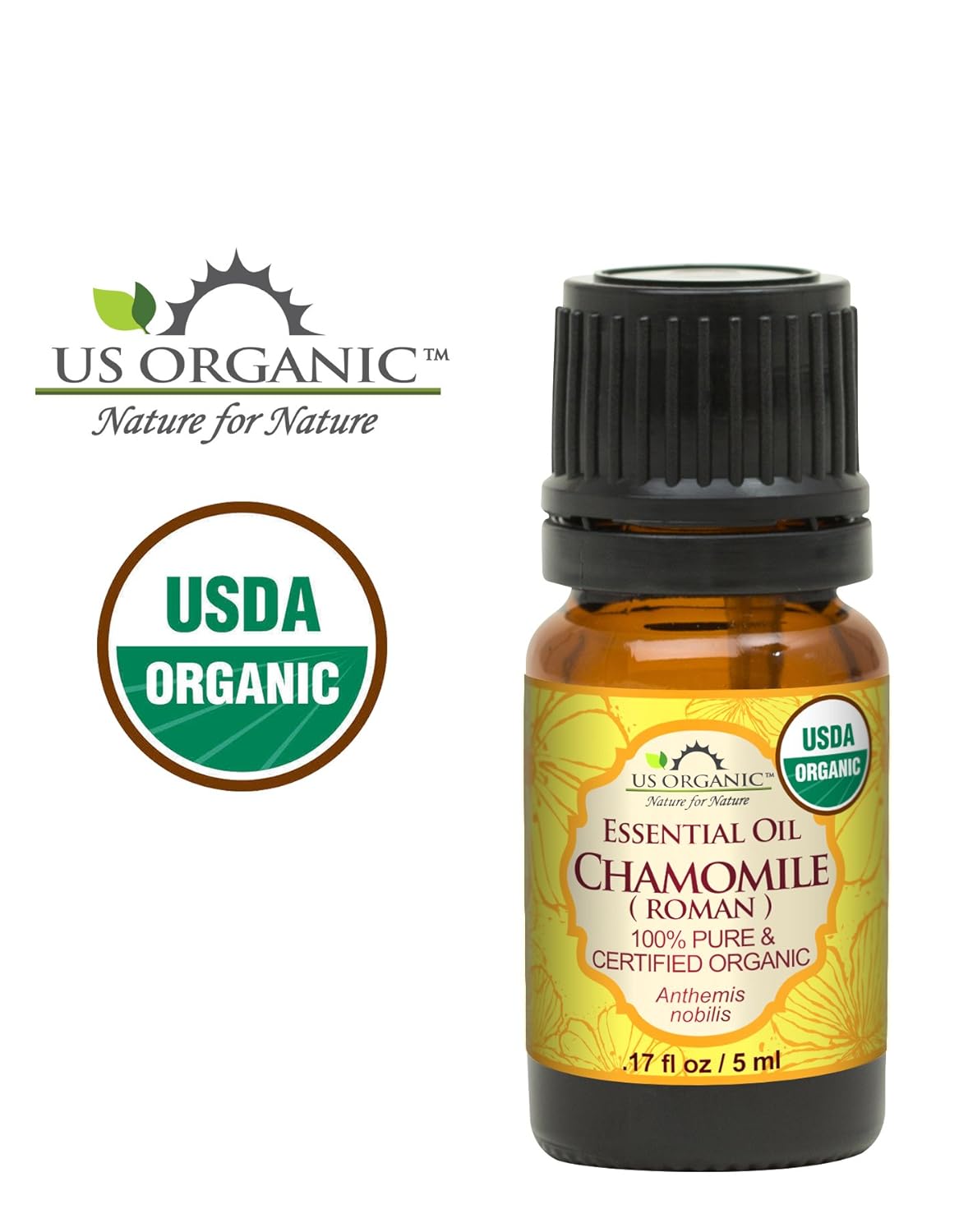 US Organic 100% Pure Chamomile (Roman) Essential Oil - USDA Certified Organic, Steam Distilled - W/Euro Dropper (More Size Variations Available) (5 ml)