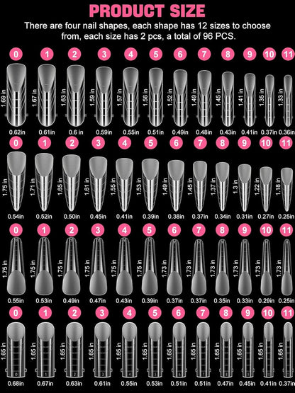 EBANKU Poly Gel Nail Forms 96PCS Clear Matte Dual Nail Forms Polygel Full Cover Nail Mold for Acrylic Nail Extension 12 Sizes 4 Styles Poly Gel Nail Art Salon Nails