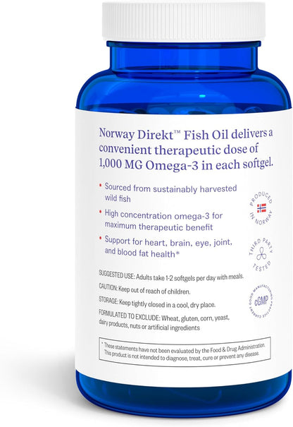 Norway Direkt Omega-3 Fish Oil 2,000mg of Omega-3 per 2 softgel| 1060mg EPA, 740mg DHA (2 Soft-Gel Serving) Pharmaceutical Grade (180 Softgels)