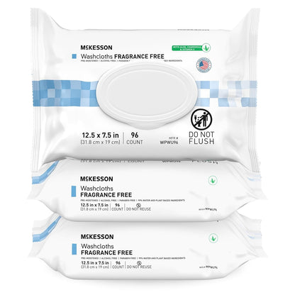 McKesson Washcloth Wipes for Adults, Unscented (3 Pack, 288 Washcloths) Disposable Wash Cloths for Body - Fragrance-Free No-Rinse Formula - Good for Incontinence and Elderly - 96 Wipes Per Pack