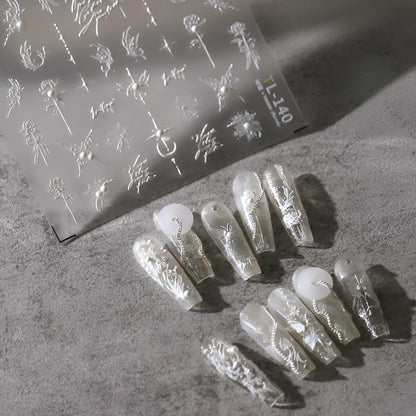 5D Embossed White Butterfly Flower Nail Stickers for Nail Art White Moon Star Nail Art Stickers White Nail Decals with Pearl Design Spring Summer Nail Supplies for Women Girls