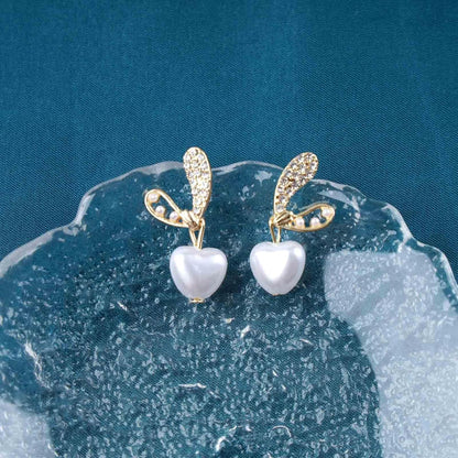 Vintage Pearl Heart Drop Earrings Rhinestone Pearl Stud Earrings Gold Cz Pearl Heart Earrings Crystal Heart Dangle Earrings Jewelry for Women