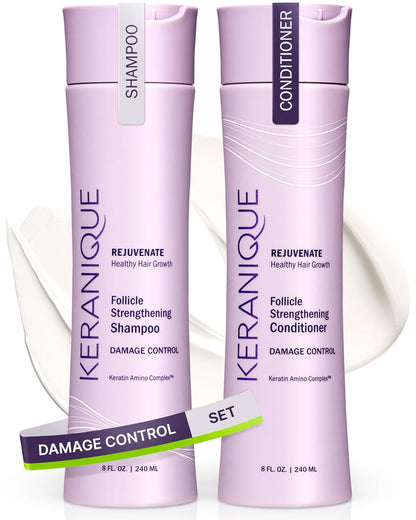 Keranique Shampoo and Conditioner for Damaged Hair - Anti-Breakage, Damage Control Set for Thinning Hair - Intense Repair, Deep Conditioning, Anti-Hairfall Routine w/Keratin - Great for Colored Hair