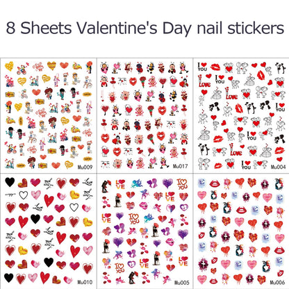 6 Sheets Valentine's Day Nail Art Stickers - Self-Adhesive 3D Heart Supplies, Sexy Lips, Romantic Red Love Letter Design Decals for Women Girl DIY Decoration