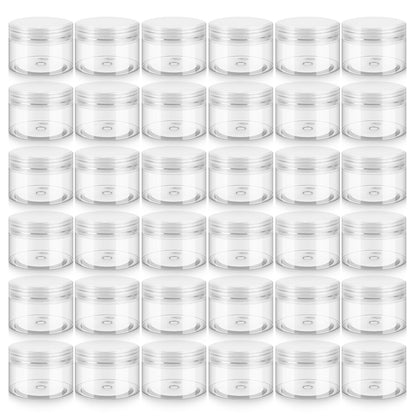 36 Pack 1 OZ Plastic Jars with Lids, BPA Free, Reusable, Refillable Transparent Cosmetic Containers for Bath Salts, Cosmetics, Powders, Beauty Product and Small Accessories, White