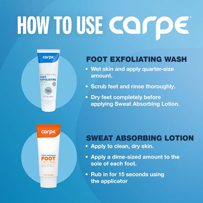 Carpe Sweat Absorbing Foot Lotion & Foot Exfoliating Scrub Regimen - A Total Solution for Sweaty Smelly Feet