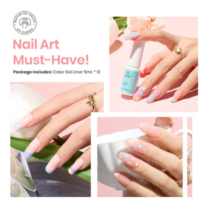 beetles Pink 12 Colors Nail Art Gel Liner, Summer Blue White Glitter Gel Nail Polish Painted Soak Off Uv Lamp Art Nails Red Yellow for Thin French Line Nails Manicure Gift for Women
