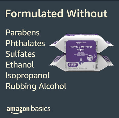 Amazon Basics Makeup Remover Wipes, Gentle Cleansing, Dermatologist Tested, Night Calming, Plant Based, Alcohol Free, Removes Waterproof Mascara, 25 Count Per Pack, Pack of 2 (Previously Solimo)