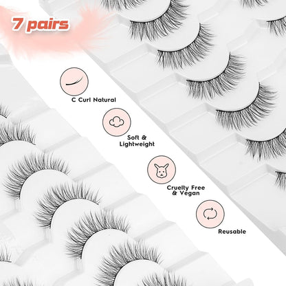 Eyelashes Short Natural Lashes Wispy Eyeashes Natural Look 10mm Strip Lashes False Eyelashes C Curl Eye Lashes Pack 0.1MM Thin Band 3D Volume Soft Eyelash Siligli Lash 7 Pair