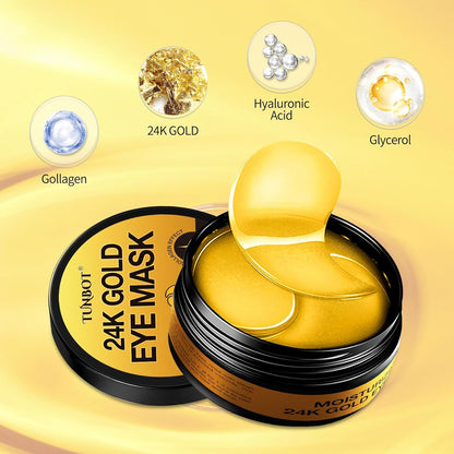 Under Eye Patches - 60 Pieces - 24k Gold Eye Mask - Anti-Aging - Contains Collagen and Hyaluronic Acid - Removes Dark Circles, Puffiness and Wrinkles, Moisturizes - Home Beauty