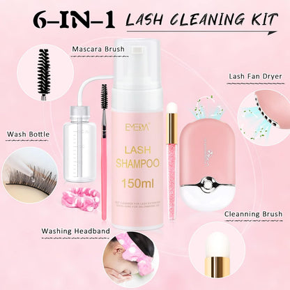 EMEDA Lash Shampoo for Lash Extensions Lash Cleaning Kit 150ml with Lash Fan Dryer Lash Extension Cleanser Oil Free Foam Soap Lash Bath with Rinse Bottle, Brush, Hair Band