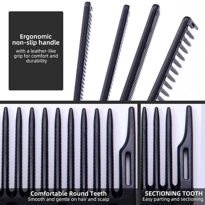 PERFEHAIR 2-Pack Professional Round Tooth Hair Cutting Comb - 8.6 Inch, Black Carbon Fiber Anti-Static & Heat Resistant, Durable Barber Combs with Fine & Wide Tooth for Precise Haircut for Men & Women