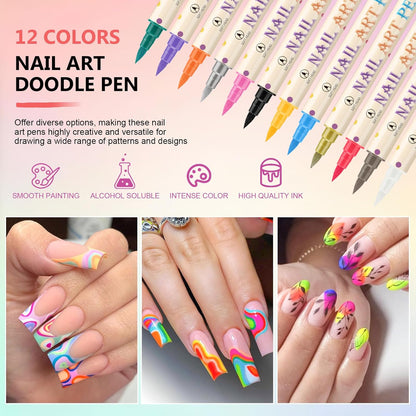 12 Colors Nail Art Pens Set, 3D Nail Polish Pens Quick-Drying Acrylic Paint Markers,For Nail Art Drawing Painting Nail Point Dotting Liner Pen, Nail Design Kit Manicure Tools Home & Salon DIY