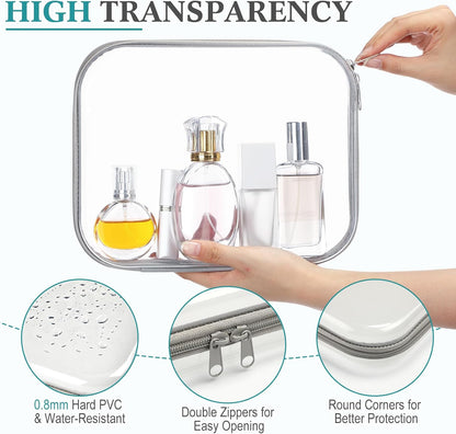 Sanwuta 6 Pcs Clear Hard Zipper Case Pencil Pouches Hard Plastic Zipper Pouches Makeup Bag Transparent Cases for Snacks Plastic Storage Organizer Box for Travel(Gray,9.84 x 7.87 x 2 Inch)