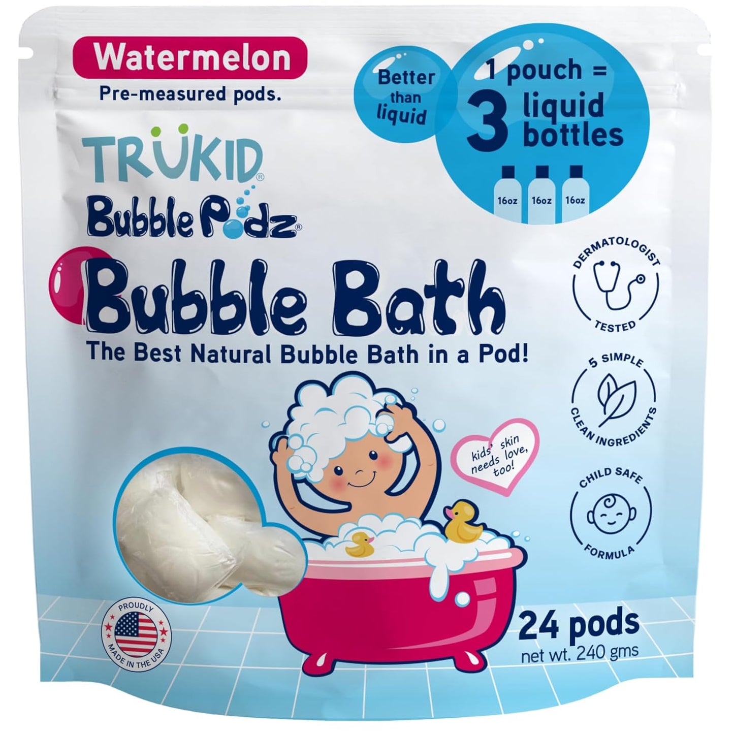 TruKid Bubble Podz Bubble Bath for Kids, Toddlers, & Babies, Tear Free Gentle & Refreshing Bath Bomb for Sensitive Skin with Natural Moisturizers, Non-Toxic, pH Balanced, Watermelon Scent (24 Podz)
