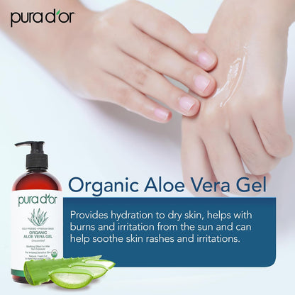 PURA D'OR 16 Oz ORGANIC Aloe Vera Gel - Unscented - All Natural - ZERO Artificial Preservatives - Deeply Hydrating & Moisturizing - Sunburn, Bug Bites, Rashes, Small Cuts, Eczema Relief - Skin & Hair