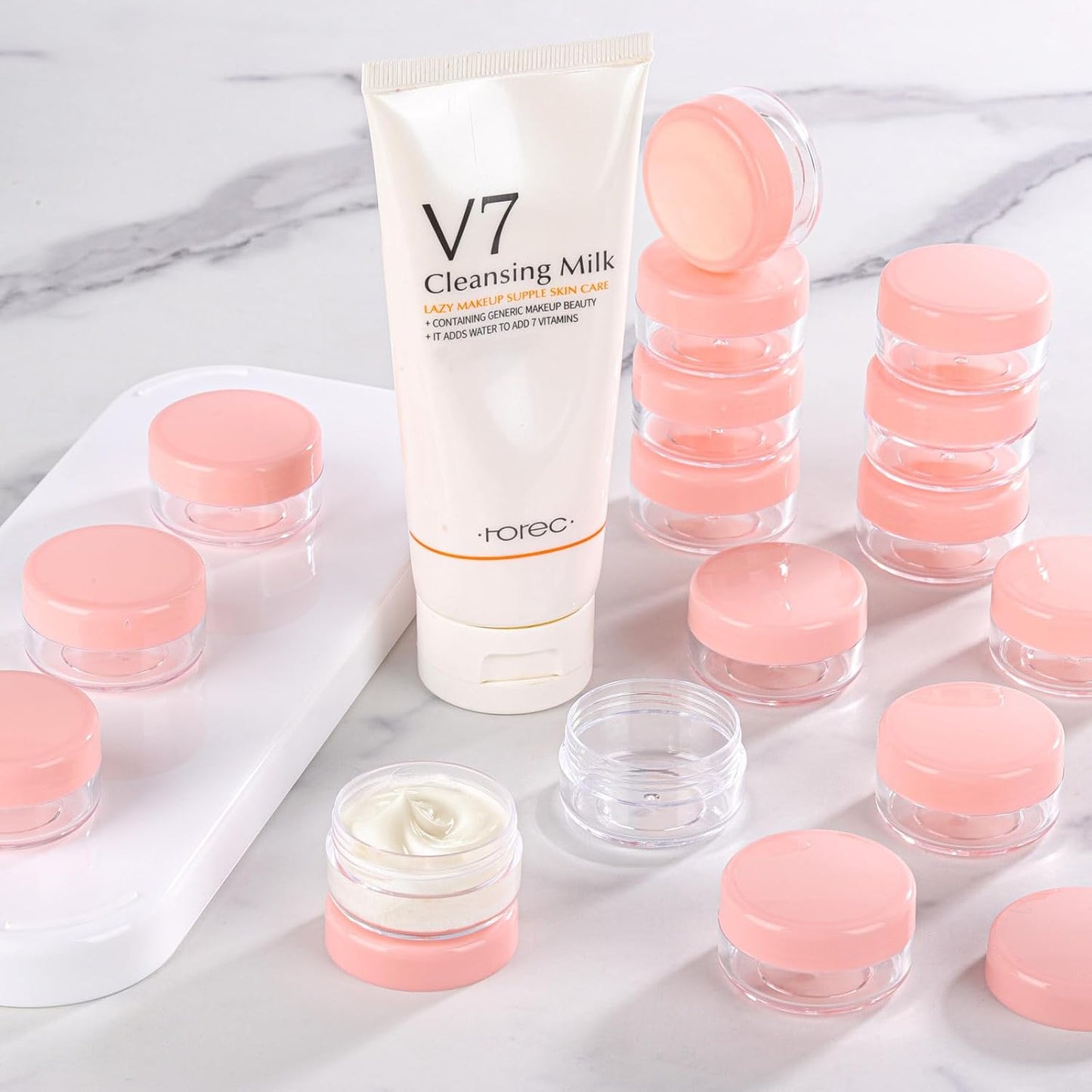 Refillable Cosmetic Sample Jars - 100 Pack 10g (0.35oz) Pink Small Travel Containers with Lids + 10 Mini Makeup Spatulas - BPA Free