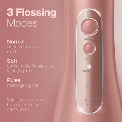 AquaSonic Aqua Flosser PRO - Rechargeable Cordless Water Flosser for Teeth, Gums & Tongue - Modern Design, 300ml Large Tank, 6 Jet Tips with Deluxe Tongue Nozzle, 3 Modes, Waterproof Rose Gold